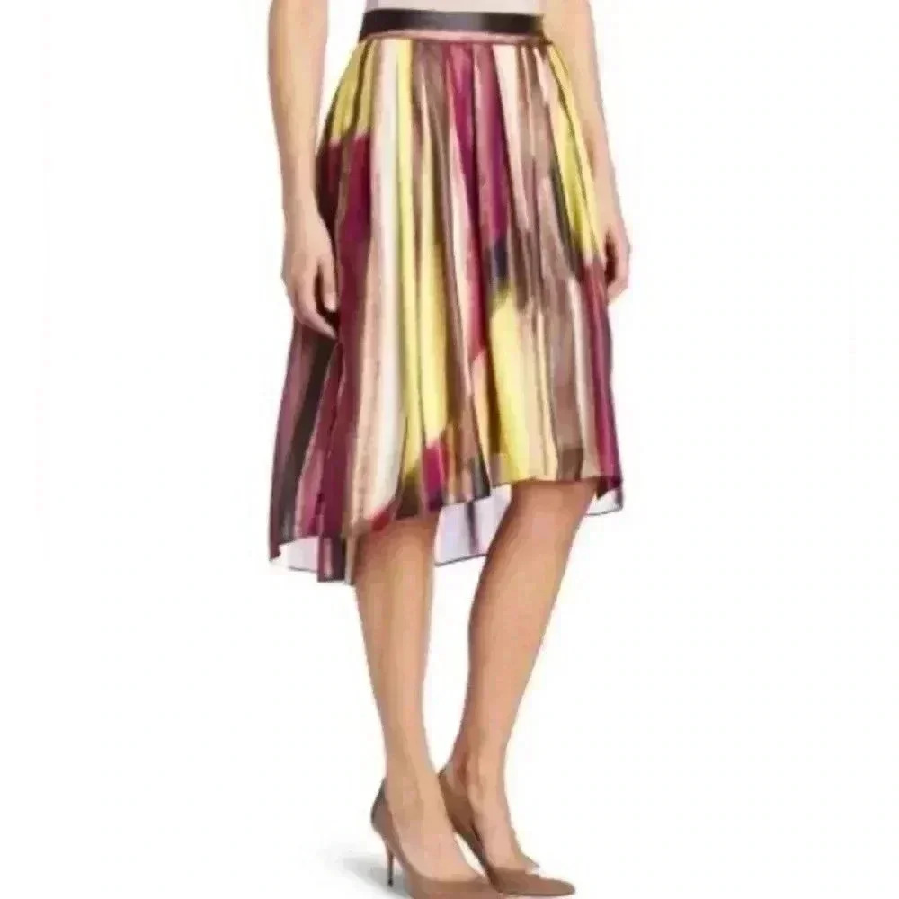 Kenneth Cole  Multicolor Asymetical Pleated A-Line Midi Skirt Size Large